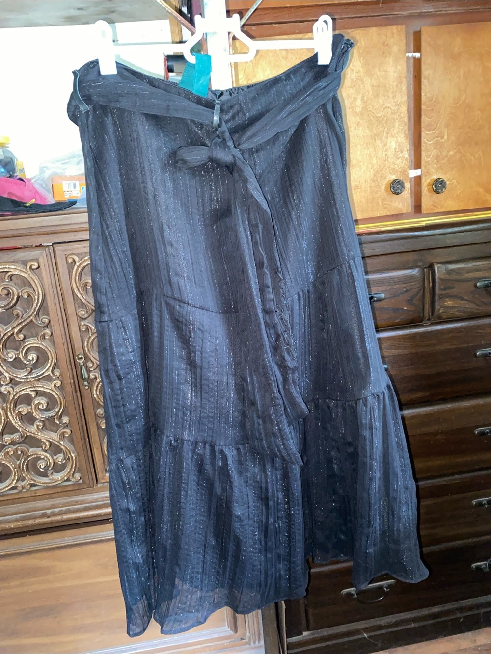 Worthington Black Shimmery Tiered Maxi Skirt with Waist Tie